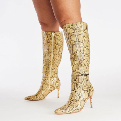 Yellow Python Embossed Stiletto Heel Buckle Decor Knee High Boots
