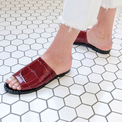 Burgundy Croco Embossed Flats Open-Toe Studded Women's Slide Sandals