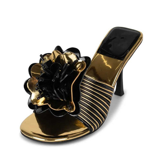 Black & Gold Open Toe Floral Decor Stiletto Heel Mules Sandals