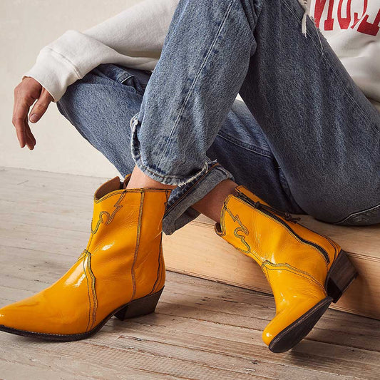 Yellow Patent Leather Pointed Toe Chunky Heel Western Ankle Boots