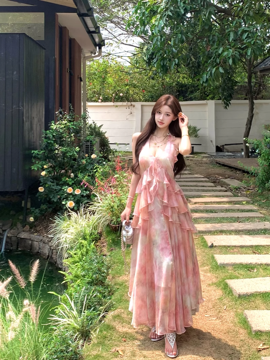 New Fashion Pink Floral Design A-line Beach Holiday Halter Dress TP3614