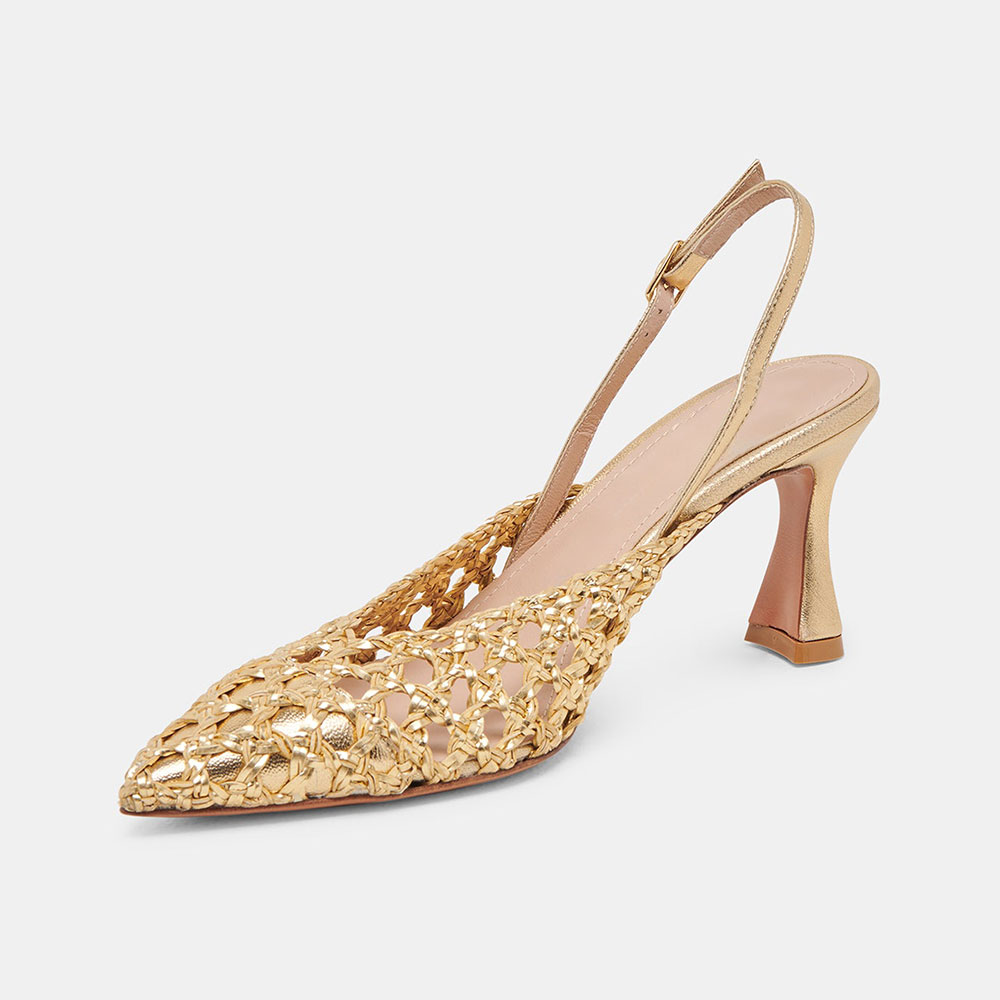 Gold Metallic Finish Pointed Toe Woven Cut-Out Slingback Heels