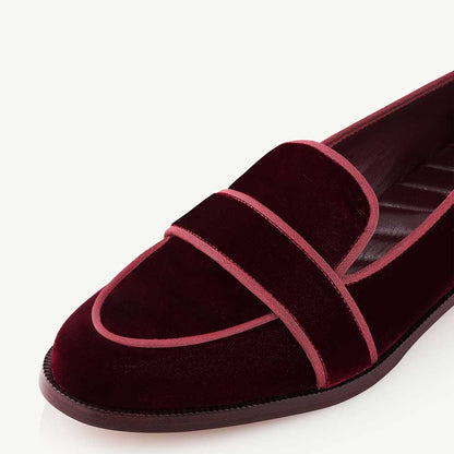 Maroon Velvet Round Toe Chunky Heel Slip-On Loafers