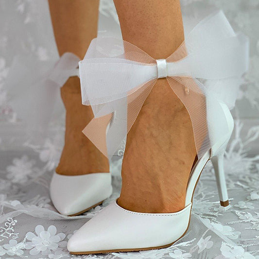 Women's White Bridal Shoes Mesh Bow Ankle Strap Pumps Heels
