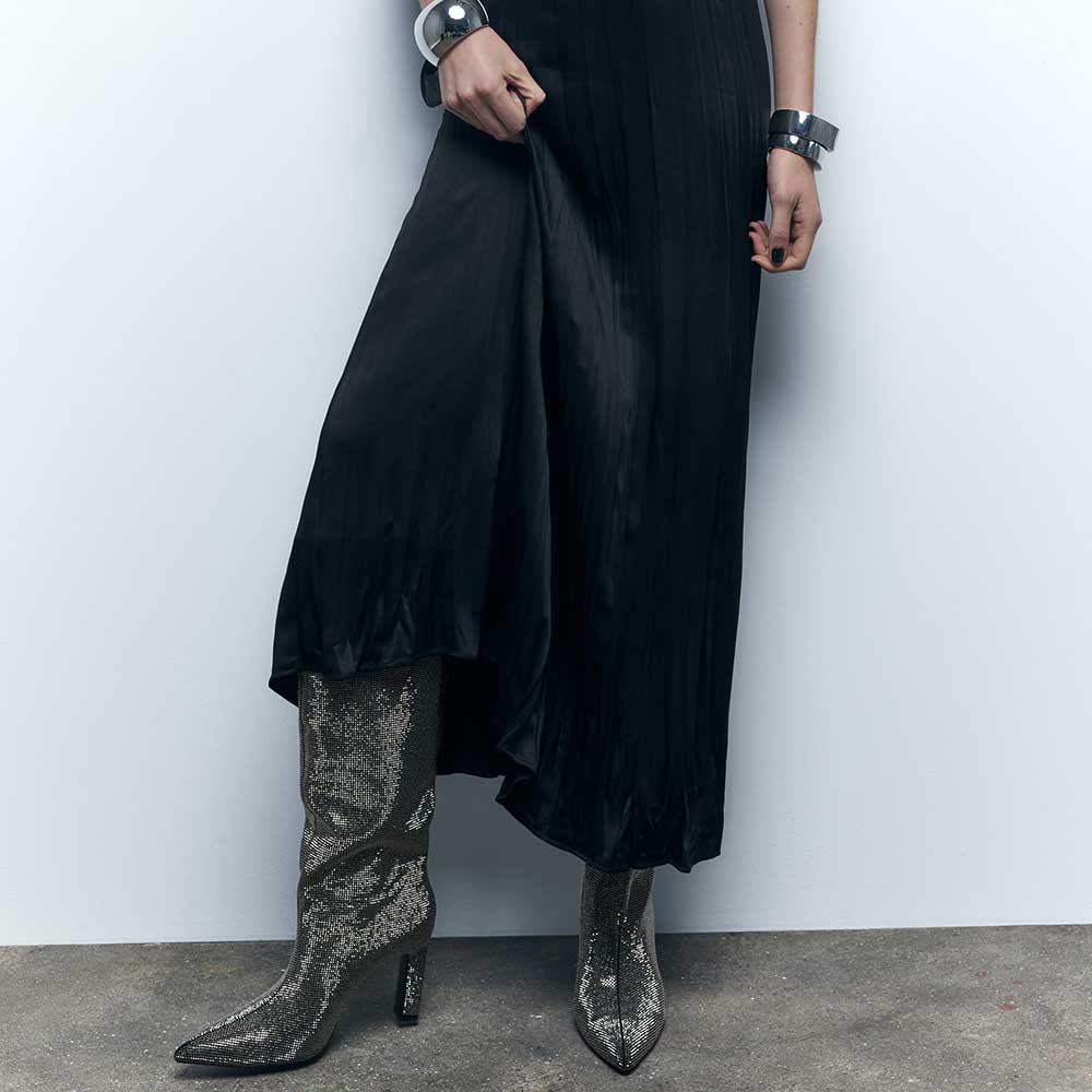 Silver Rhinestone Pointed Toe Chunky Heel Wide Calf Knee High Boots