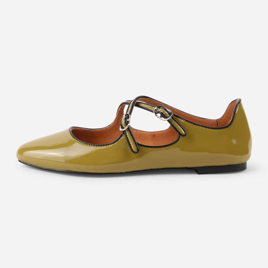 Olive Patent Leather Round Toe Crisscross Buckle Strap Flats