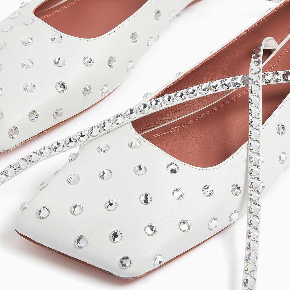 Square Toe Crystal Embellished Lace-Up Women's Dress Flats in White