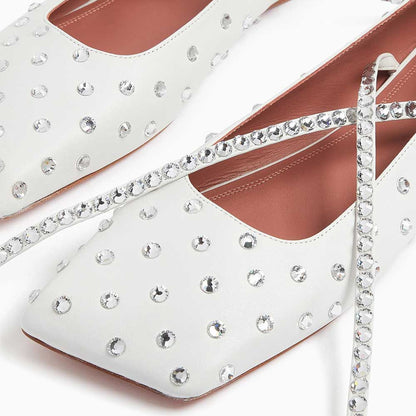 Square Toe Crystal Embellished Lace-Up Women's Dress Flats in White
