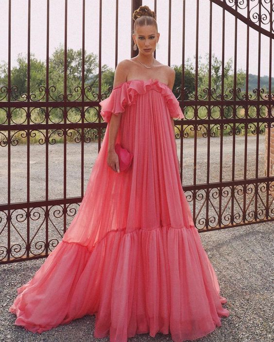 Vintage Pink Off-the-shoulder Prom Dress Long Pleated Evening Dress Formal Dress TP4574