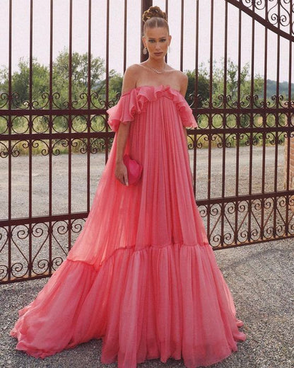Vintage Pink Off-the-shoulder Prom Dress Long Pleated Evening Dress Formal Dress TP4574
