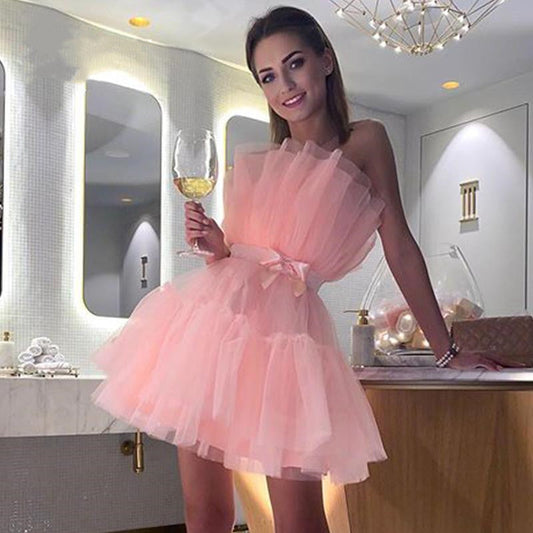 PM049,Pink pleated tulle homecoming dresses mini prom dress