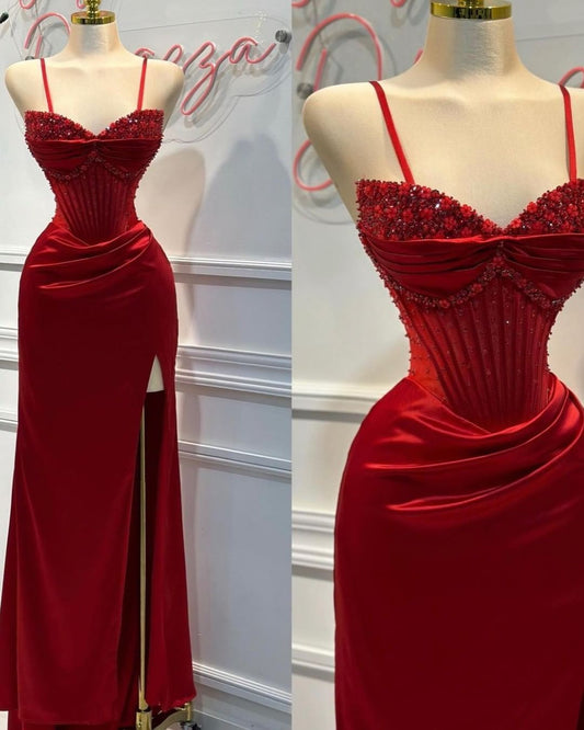Red Prom Dress with Slit Open Backs,Fitted Long Evening Gown
