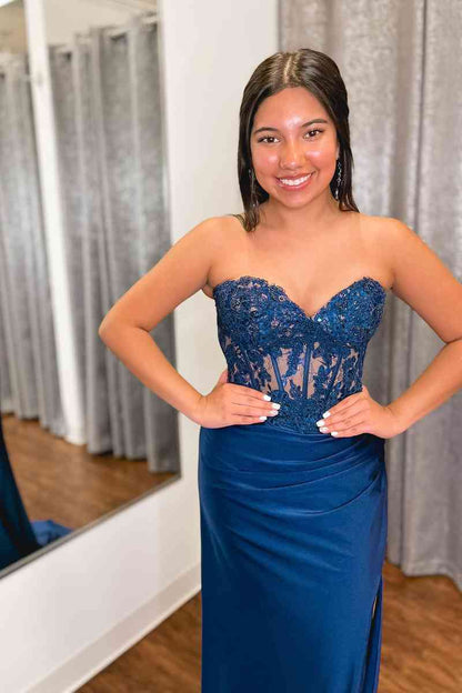 Sweetheart Blue Lace Top Pleated Long Prom Dress with Slit