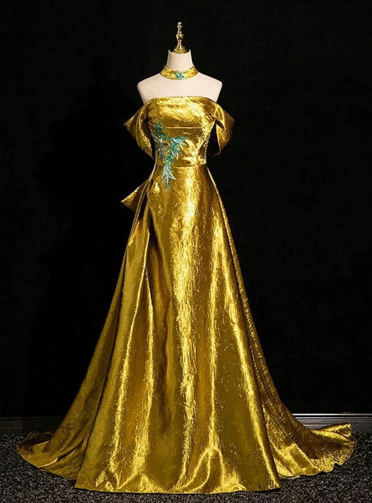 Vintage Golden Shiny A-Line Prom Dress Off-the-shoulder Evening Dress Long Formal Dress TP4643