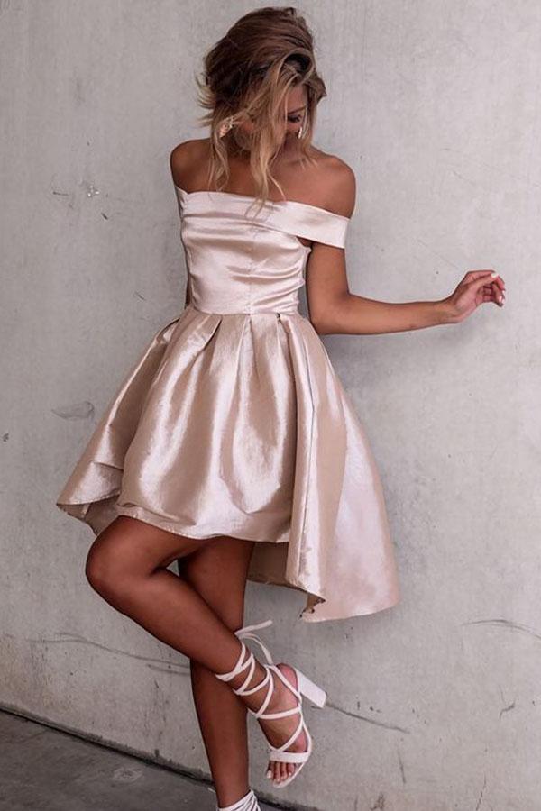 Fashion Pink Off-the-Shoulder Pleated Design Satin Short Homecoming Dress TP3567