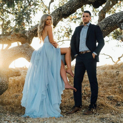 Rustic Sky Blue Chiffon Wedding Dress Slit Prom Dress,WW084