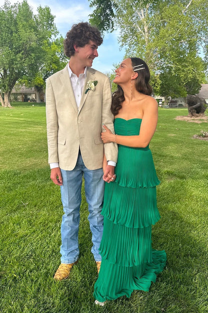 Strapless Pink Pleated Tiered A-line Long Dress Formal Gown