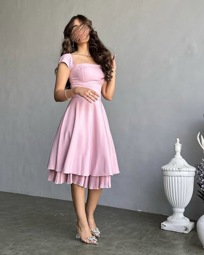 Pink Knee Length Dresses Party Evening Gowns A-line Midi Prom Gowns