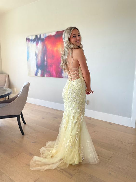 Elegant Yellow Backless Lace Prom Dresses,Birthday Luxury Dress