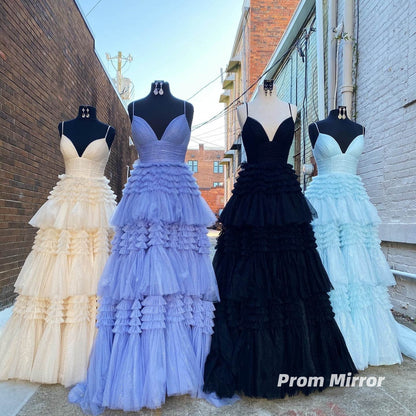 Spaghetti Straps V-Neck Layers Formal Party Prom Dresses