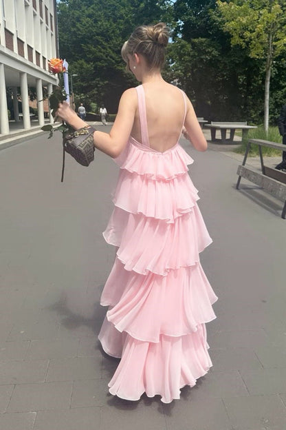 Pink Chiffon Evening Dresses Elegant Open Back Maxi Dress
