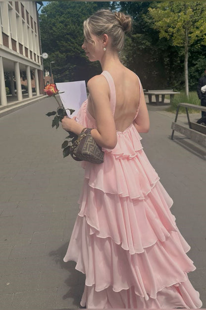 Pink Chiffon Evening Dresses Elegant Open Back Maxi Dress