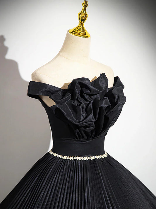 Black Pleated Long A-line Party Gown with Rhinestone Sash, Elegant Off the Shoulder Formal Evening Dress TP188