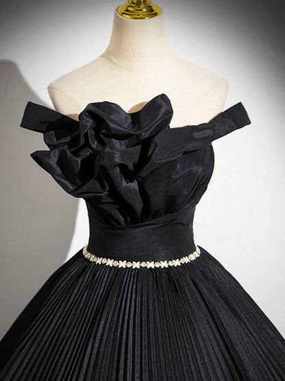 Black Pleated Long A-line Party Gown with Rhinestone Sash, Elegant Off the Shoulder Formal Evening Dress TP188