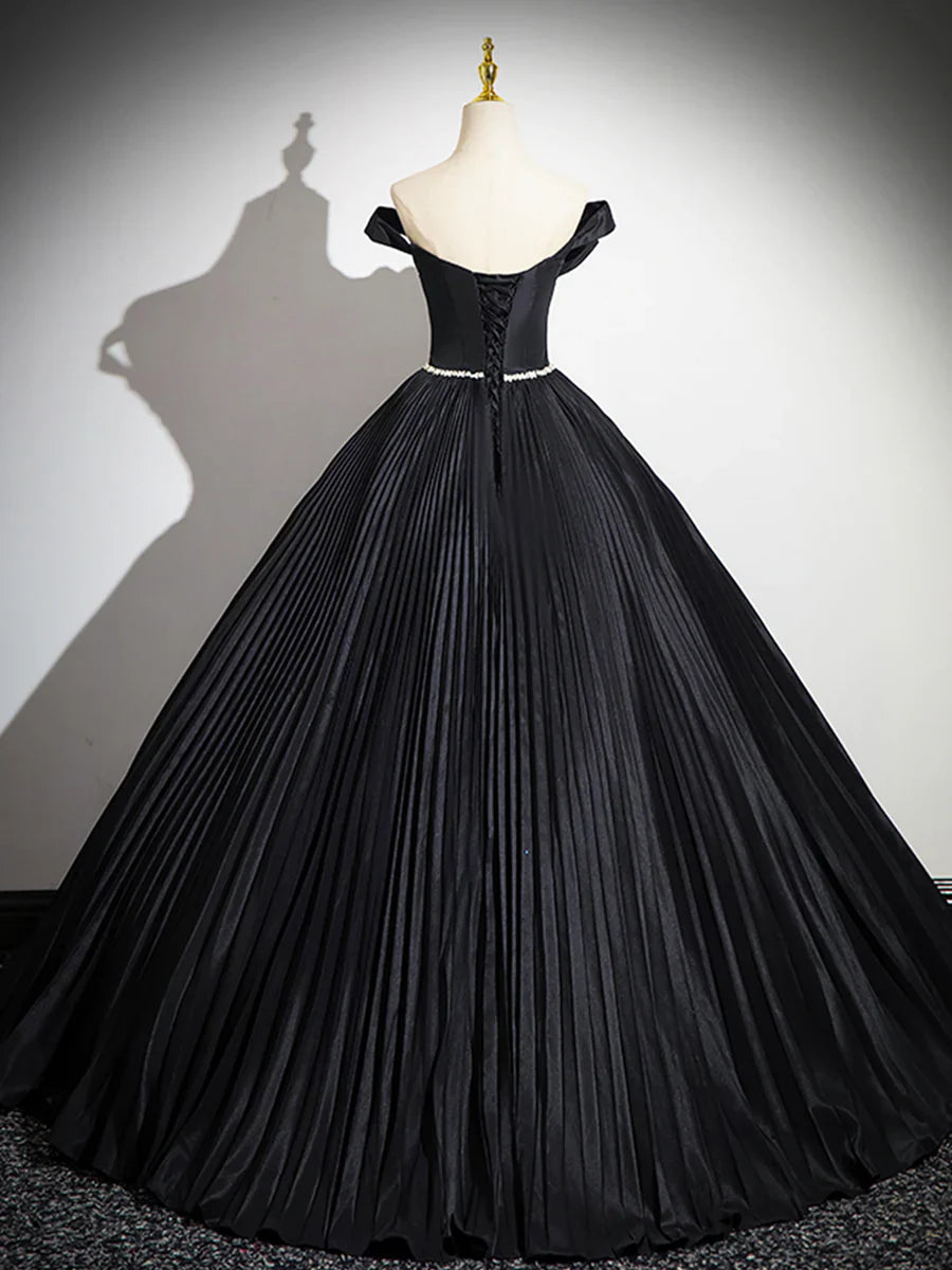 Black Pleated Long A-line Party Gown with Rhinestone Sash, Elegant Off the Shoulder Formal Evening Dress TP188