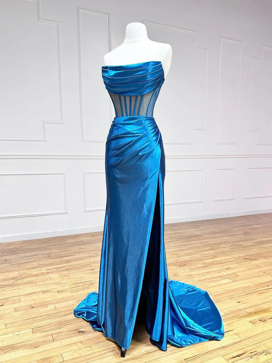 Blue Strapless Pleated Long Prom Dress, Blue Satin Party Dress  TP337