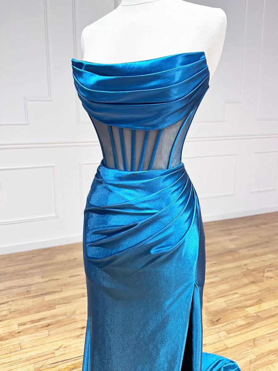 Blue Strapless Pleated Long Prom Dress, Blue Satin Party Dress  TP337
