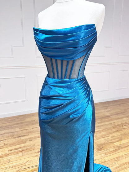 Blue Strapless Pleated Long Prom Dress, Blue Satin Party Dress  TP337