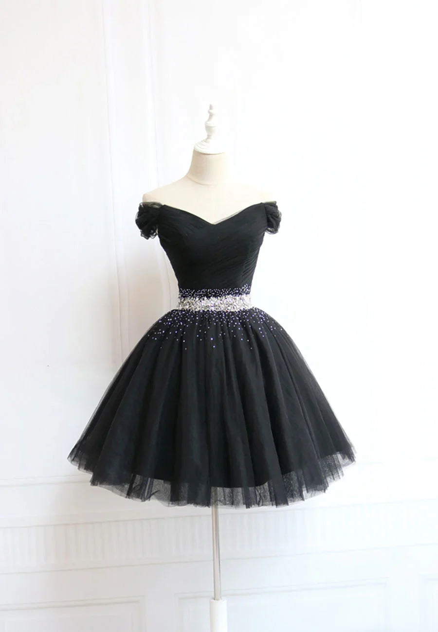 Black Off the Shoulder Short Prom Dress, A-Line Homecoming Dress TP764