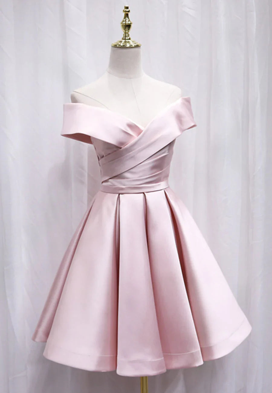 A-Line Satin Off the Shoulder Short Prom Dress, Mini Evening Party Dress TP765
