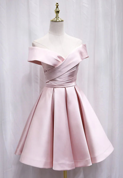 A-Line Satin Off the Shoulder Short Prom Dress, Mini Evening Party Dress TP765