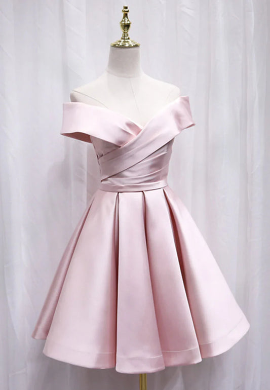 A-Line Satin Off the Shoulder Short Prom Dress, Mini Evening Party Dress TP765