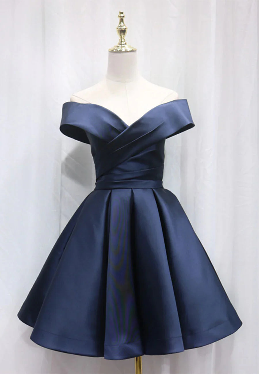 A-Line Satin Off the Shoulder Short Prom Dress, Mini Evening Party Dress TP765