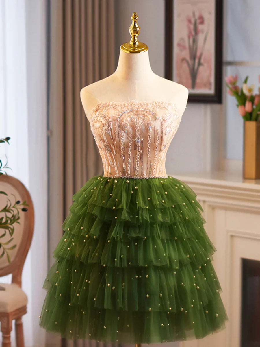 Green Tulle Layer Knee Length Prom Dress, A-Line Strapless Evening Party Dress TP774