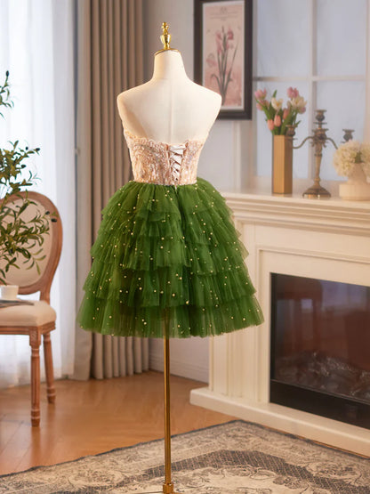 Green Tulle Layer Knee Length Prom Dress, A-Line Strapless Evening Party Dress TP774