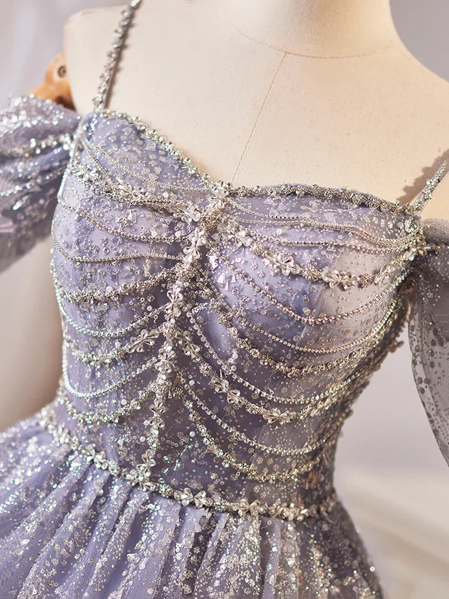 Shiny Tulle Sequins Knee Length Prom Dress, A-Line Off the Shoulder Evening Party Dress TP776