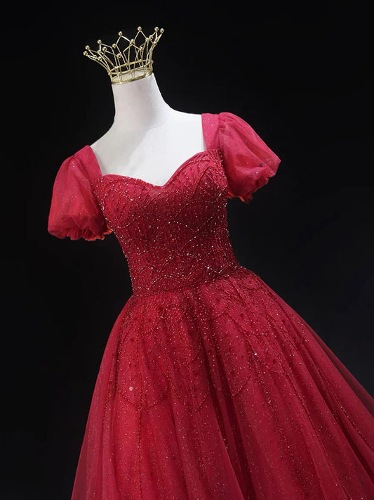 Burgundy Tulle Beaded Knee Length Party Dress, A-Line Short Sleeve Evening Party Dress TP788