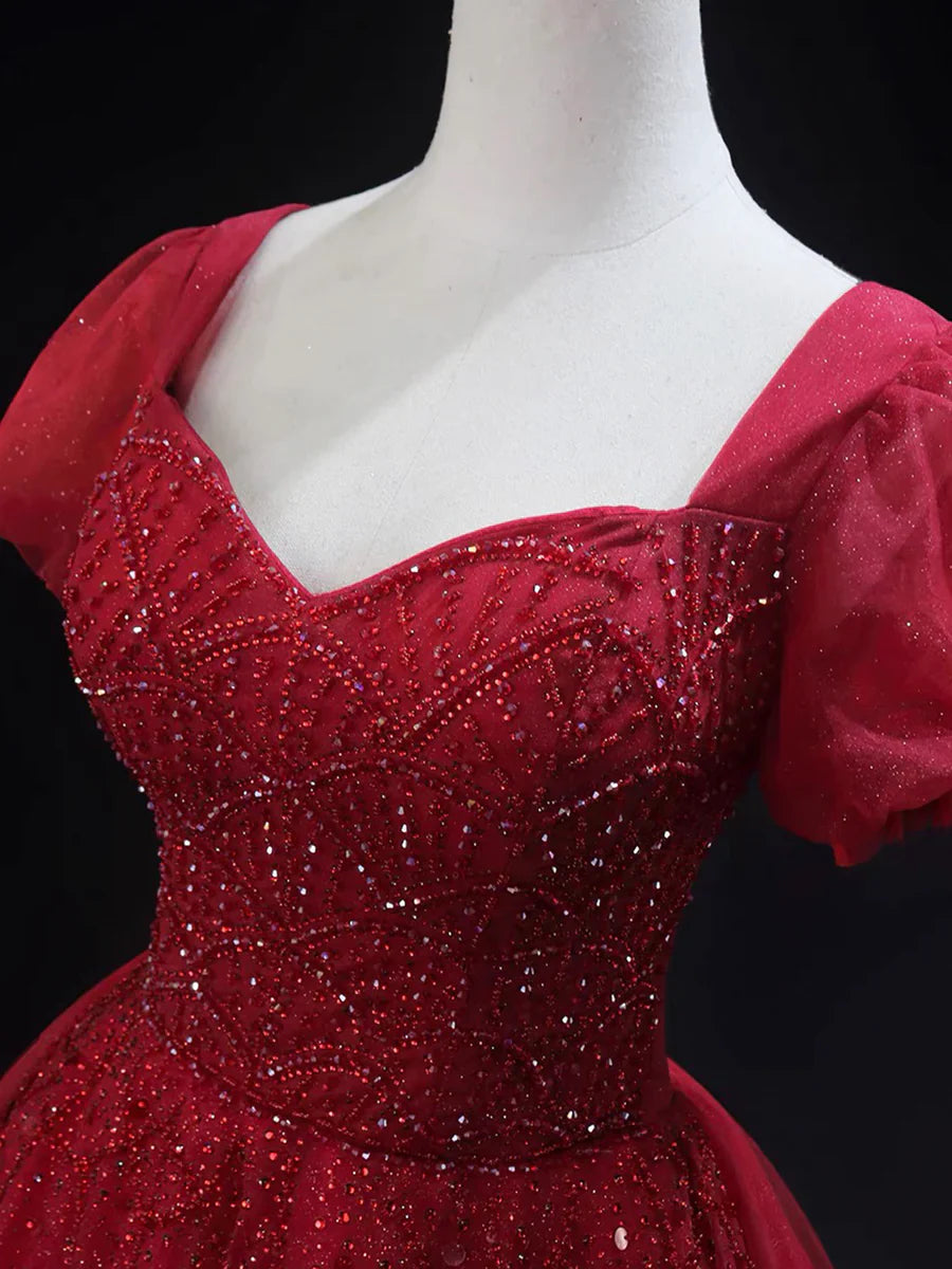 Burgundy Tulle Beaded Knee Length Party Dress, A-Line Short Sleeve Evening Party Dress TP788