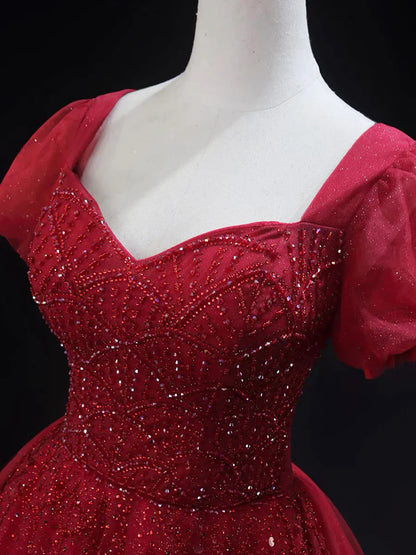 Burgundy Tulle Beaded Knee Length Party Dress, A-Line Short Sleeve Evening Party Dress TP788