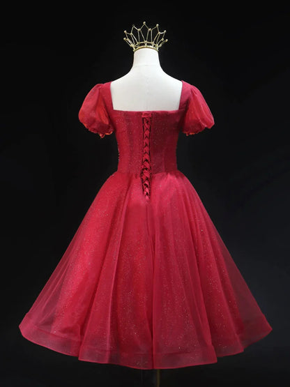 Burgundy Tulle Beaded Knee Length Party Dress, A-Line Short Sleeve Evening Party Dress TP788