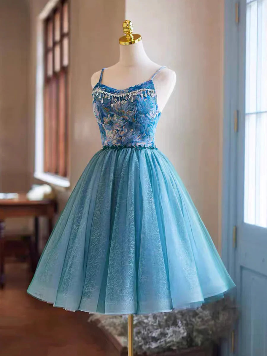 Blue Rhinestone Printing and Tulle Short Homecoming Dress, Beautiful Spaghetti Straps Sleeveless Backless Party Dress TP789
