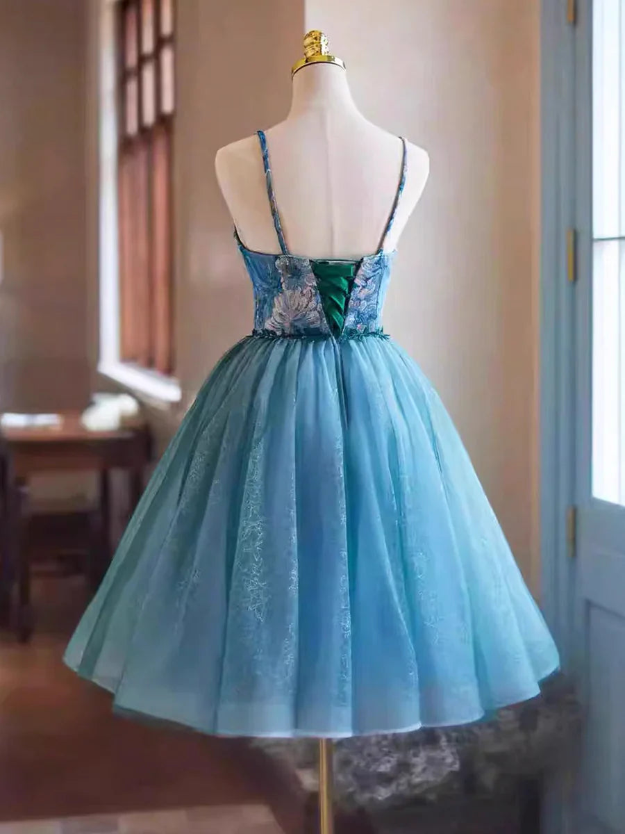 Blue Rhinestone Printing and Tulle Short Homecoming Dress, Beautiful Spaghetti Straps Sleeveless Backless Party Dress TP789