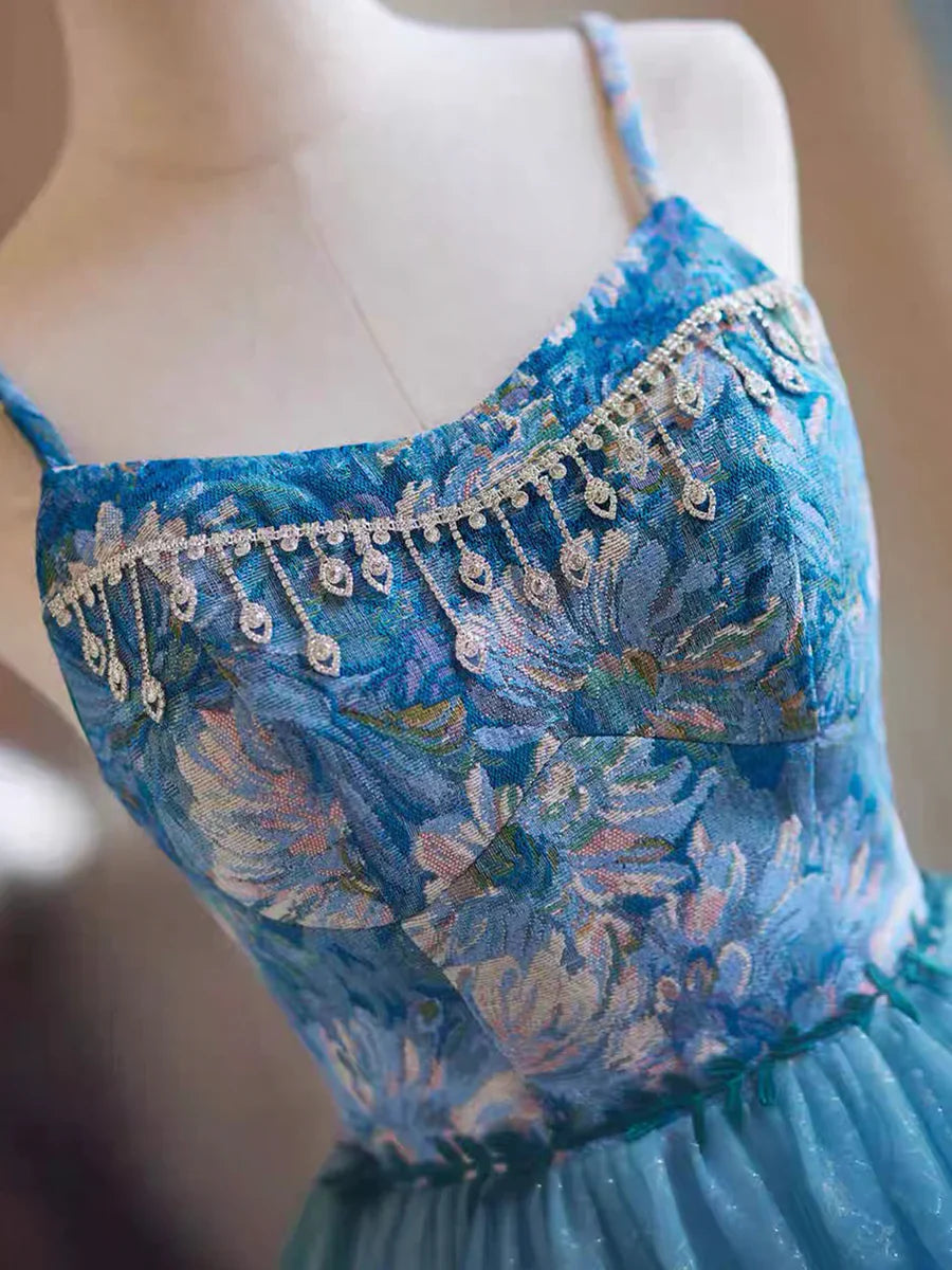 Blue Rhinestone Printing and Tulle Short Homecoming Dress, Beautiful Spaghetti Straps Sleeveless Backless Party Dress TP789