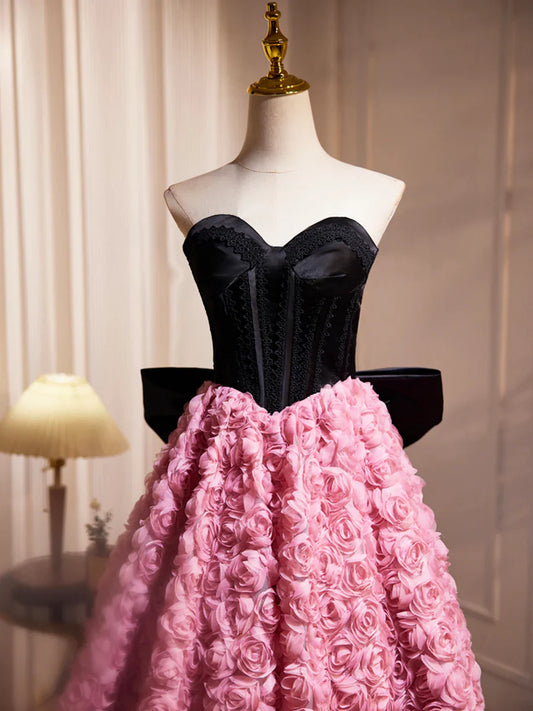 Black Satin and Pink Ruffle Flower Short Prom Dress, Lovely A-Line Strapless Bow Party Cocktail Dress TP820