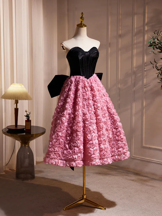 Black Satin and Pink Ruffle Flower Short Prom Dress, Lovely A-Line Strapless Bow Party Cocktail Dress TP820