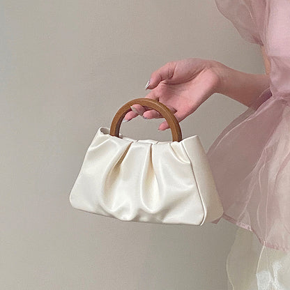 Wooden Handle Pleated Cloud Small Handbag Women One-Shoulder Mini Bag